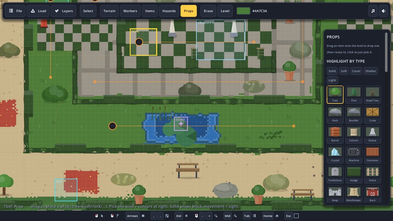 The in-game level editor, with terrain and prop palettes open over a half-built map.